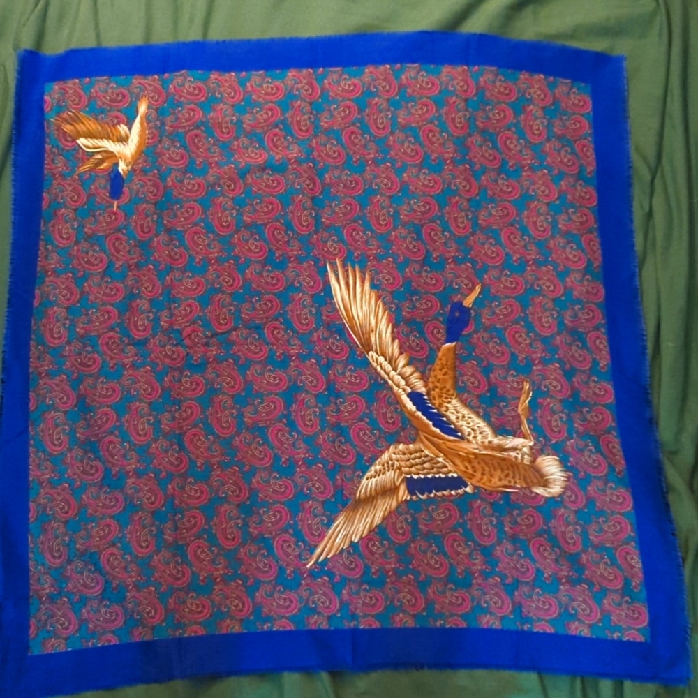 (Unknown brand) Vintage Italian Scarf with blue Paisley and duck print